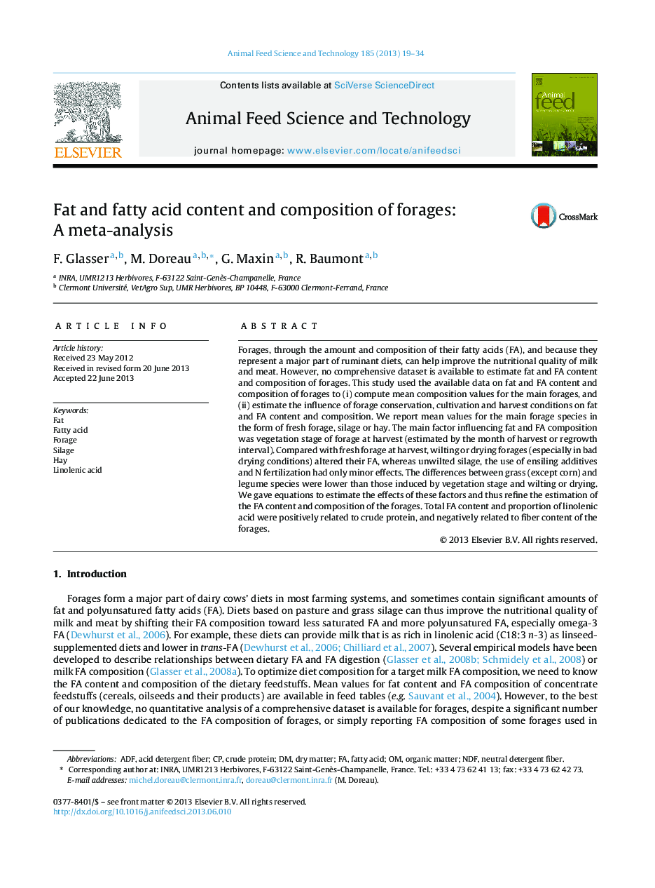 Fat and fatty acid content and composition of forages: A meta-analysis