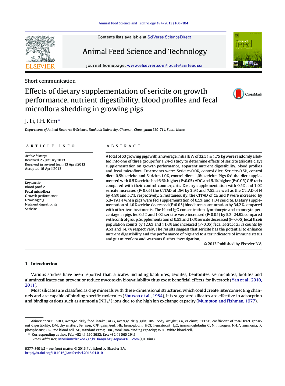 Effects of dietary supplementation of sericite on growth performance, nutrient digestibility, blood profiles and fecal microflora shedding in growing pigs