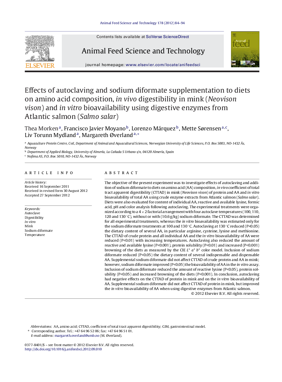 Effects of autoclaving and sodium diformate supplementation to diets on amino acid composition, in vivo digestibility in mink (Neovison vison) and in vitro bioavailability using digestive enzymes from Atlantic salmon (Salmo salar)