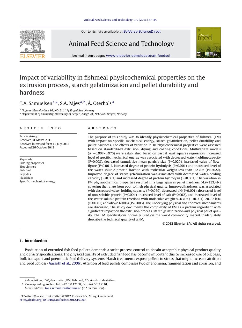 Impact of variability in fishmeal physicochemical properties on the extrusion process, starch gelatinization and pellet durability and hardness