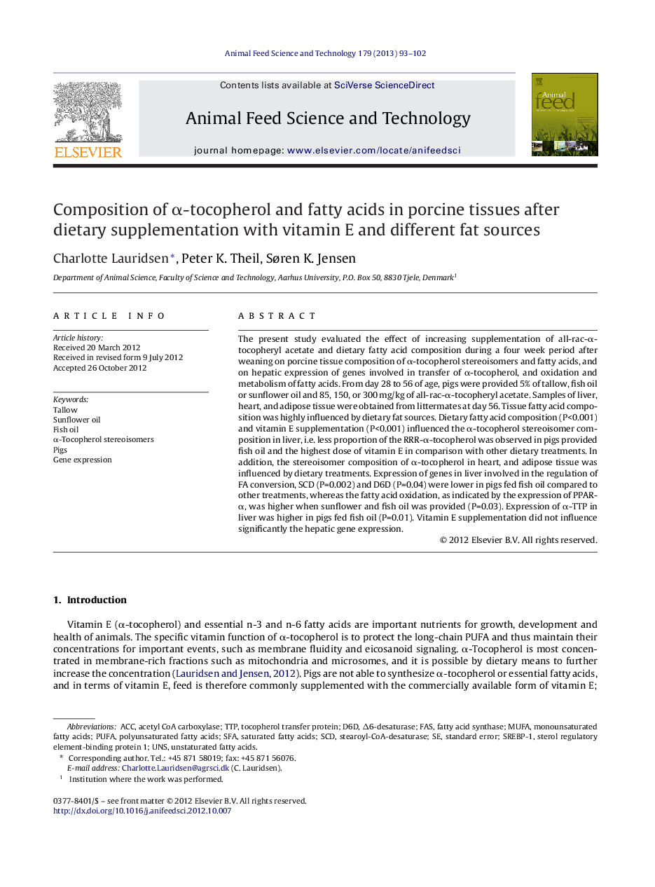 Composition of α-tocopherol and fatty acids in porcine tissues after dietary supplementation with vitamin E and different fat sources