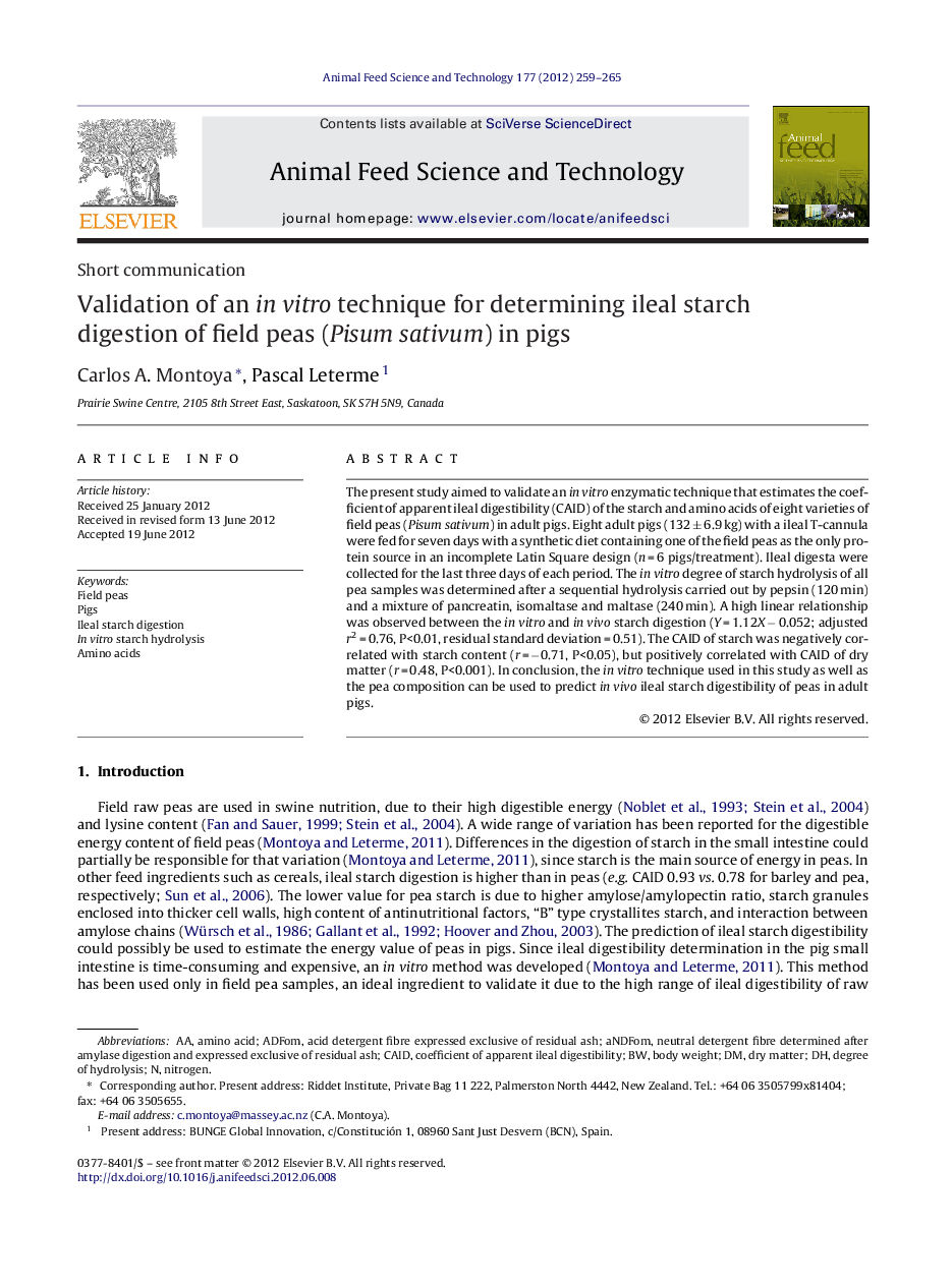 Validation of an in vitro technique for determining ileal starch digestion of field peas (Pisum sativum) in pigs