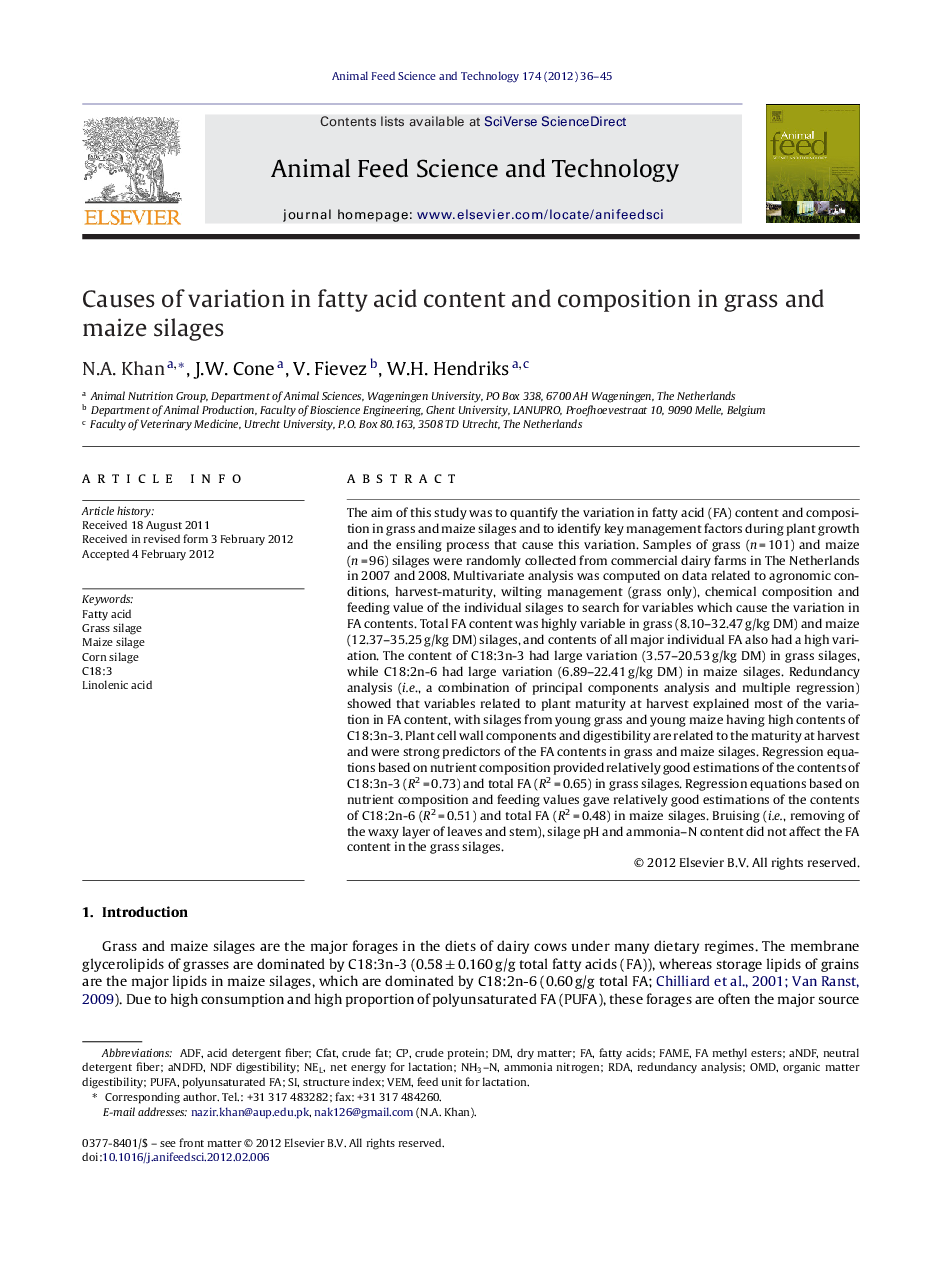 Causes of variation in fatty acid content and composition in grass and maize silages