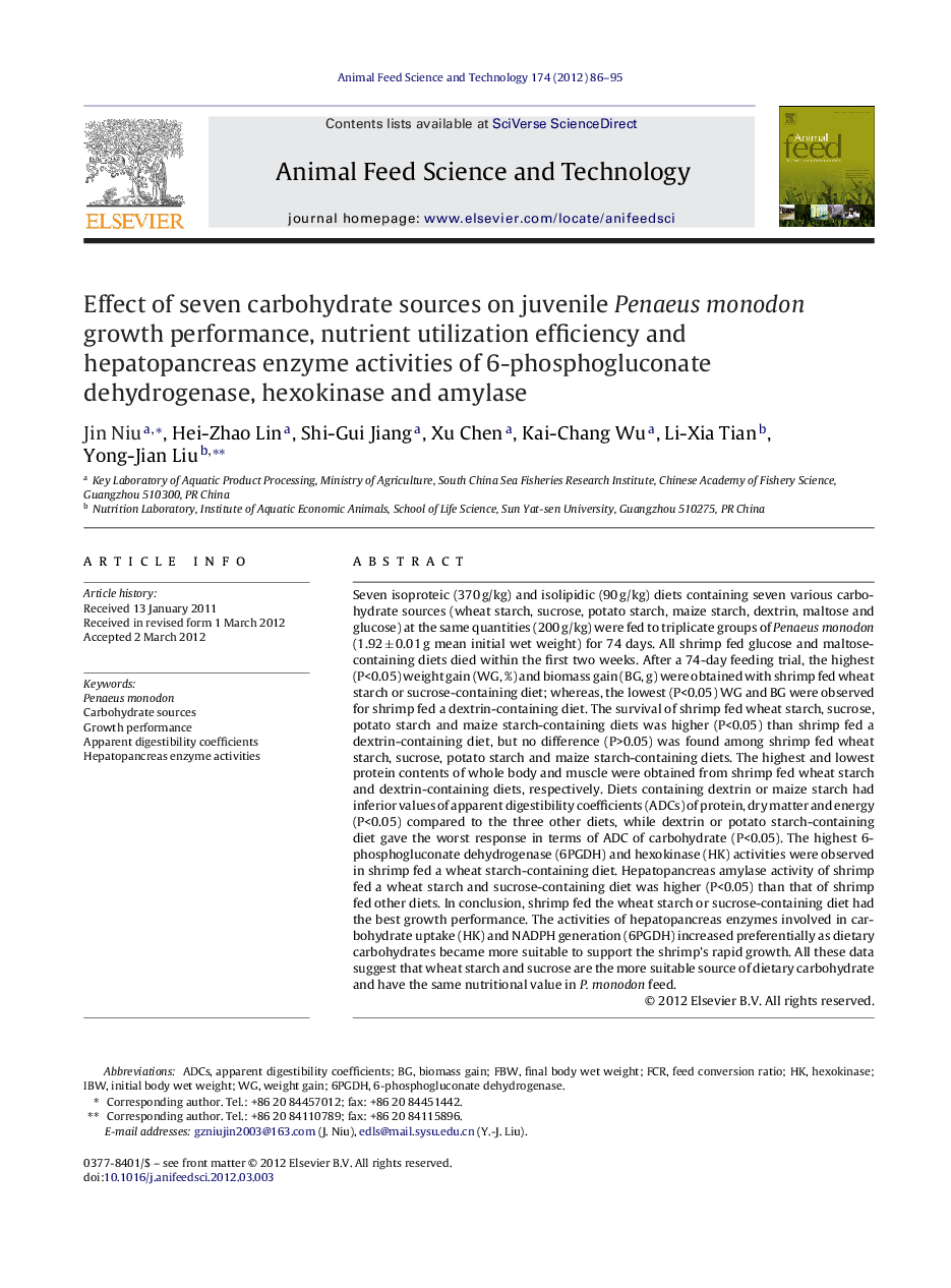 Effect of seven carbohydrate sources on juvenile Penaeus monodon growth performance, nutrient utilization efficiency and hepatopancreas enzyme activities of 6-phosphogluconate dehydrogenase, hexokinase and amylase