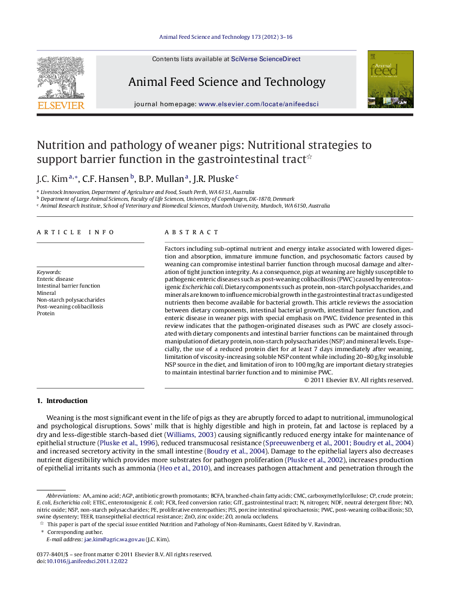 Nutrition and pathology of weaner pigs: Nutritional strategies to support barrier function in the gastrointestinal tract 