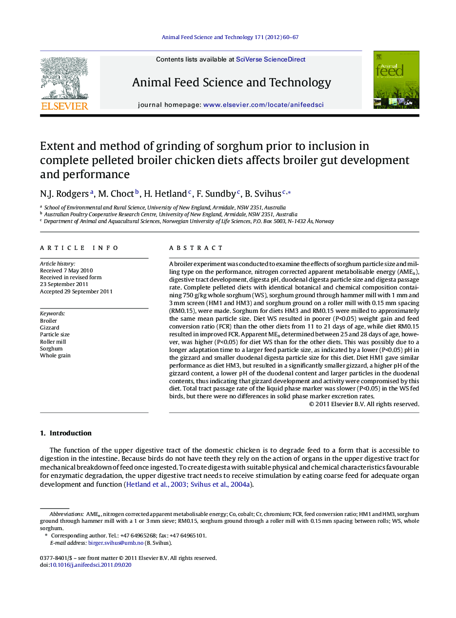 عکس صفحه اول مقاله: Extent and method of grinding of sorghum prior to inclusion in complete pelleted broiler chicken diets affects broiler gut development and performance Extent and method of grinding of sorghum prior to inclusion in complete pelleted broiler chicken diets affects broiler gut development and performance