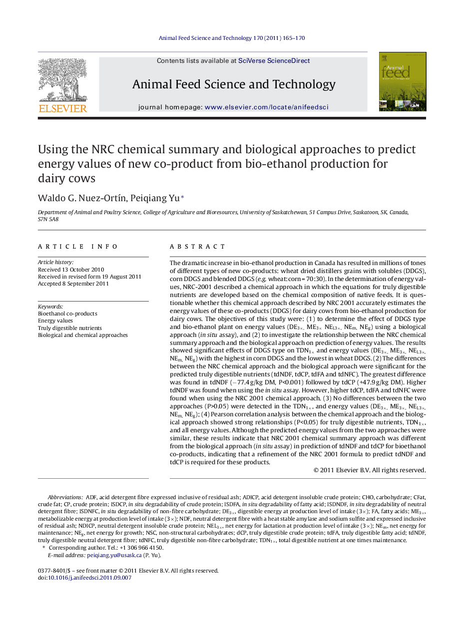 Using the NRC chemical summary and biological approaches to predict energy values of new co-product from bio-ethanol production for dairy cows