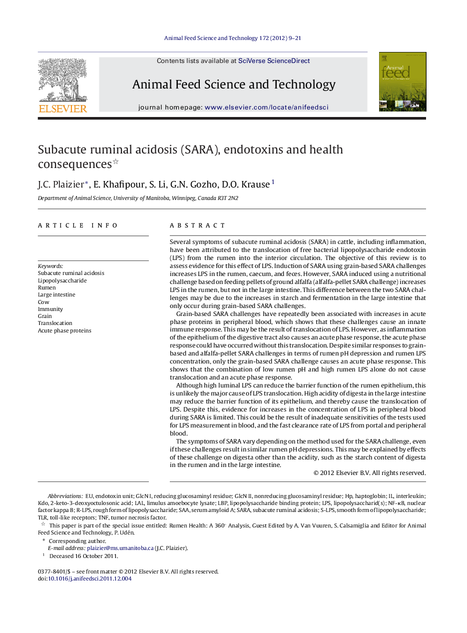 Subacute ruminal acidosis (SARA), endotoxins and health consequences 