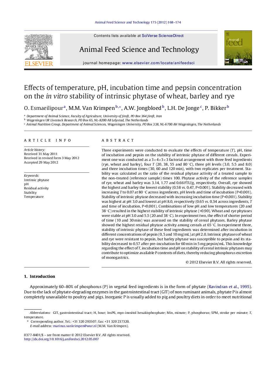 Effects of temperature, pH, incubation time and pepsin concentration on the in vitro stability of intrinsic phytase of wheat, barley and rye