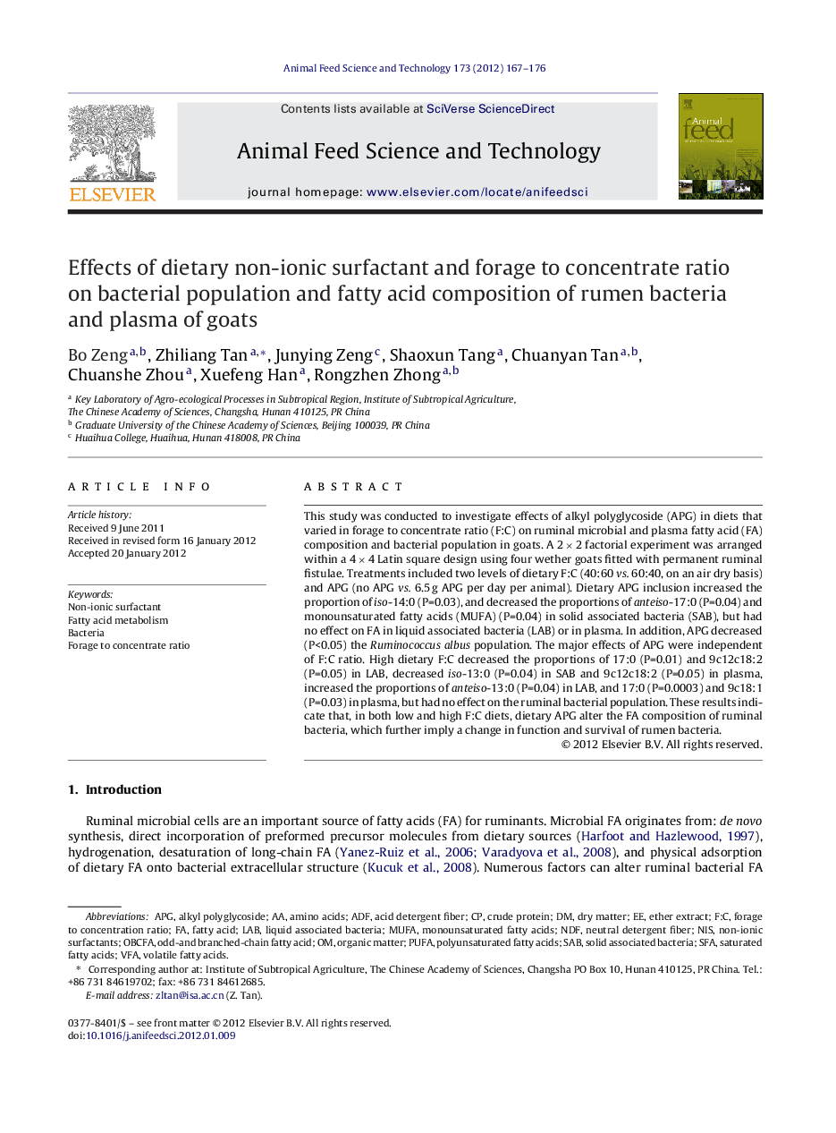 Effects of dietary non-ionic surfactant and forage to concentrate ratio on bacterial population and fatty acid composition of rumen bacteria and plasma of goats