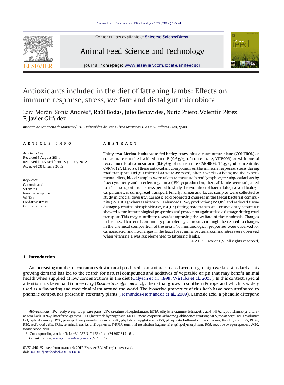 Antioxidants included in the diet of fattening lambs: Effects on immune response, stress, welfare and distal gut microbiota