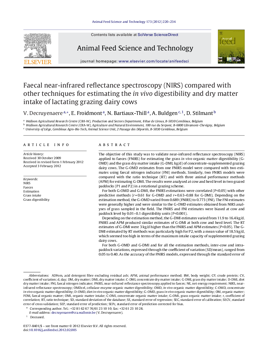 Faecal near-infrared reflectance spectroscopy (NIRS) compared with other techniques for estimating the in vivo digestibility and dry matter intake of lactating grazing dairy cows