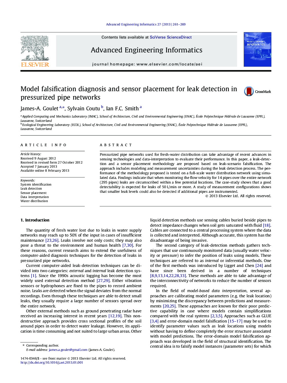 Model falsification diagnosis and sensor placement for leak detection in pressurized pipe networks