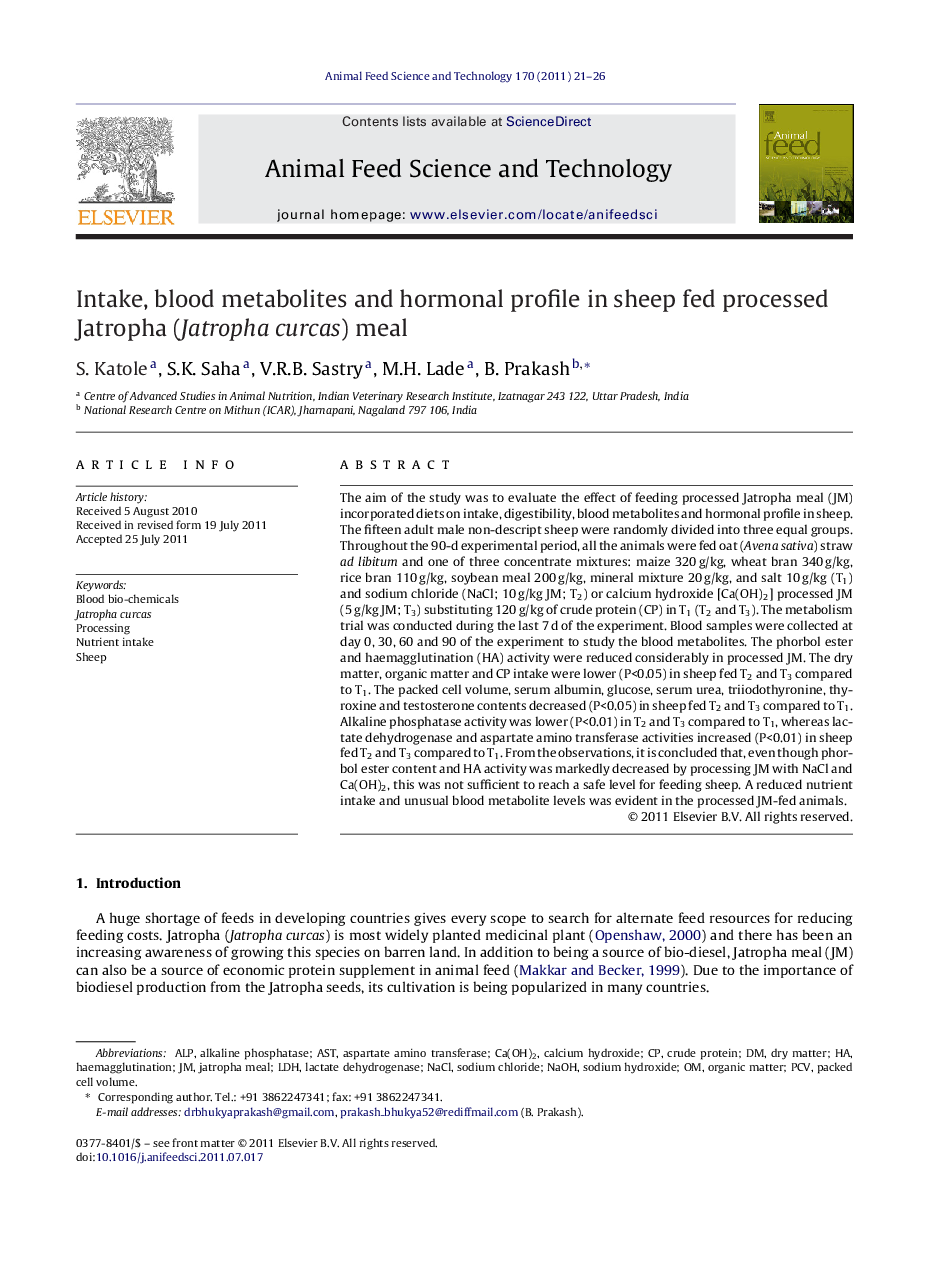 Intake, blood metabolites and hormonal profile in sheep fed processed Jatropha (Jatropha curcas) meal