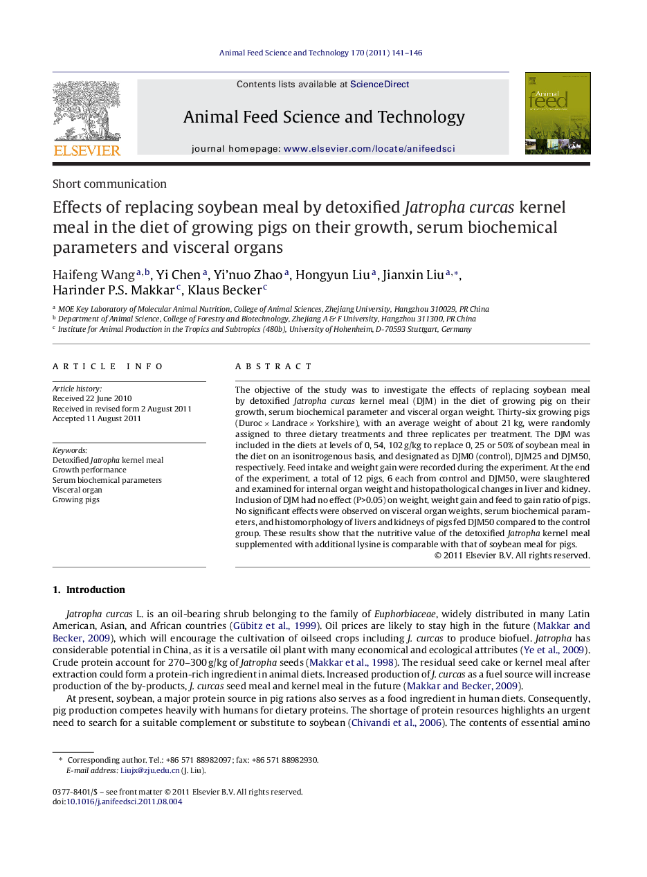 Effects of replacing soybean meal by detoxified Jatropha curcas kernel meal in the diet of growing pigs on their growth, serum biochemical parameters and visceral organs