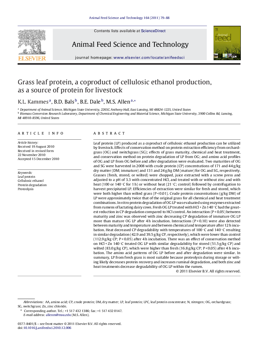 Grass leaf protein, a coproduct of cellulosic ethanol production, as a source of protein for livestock