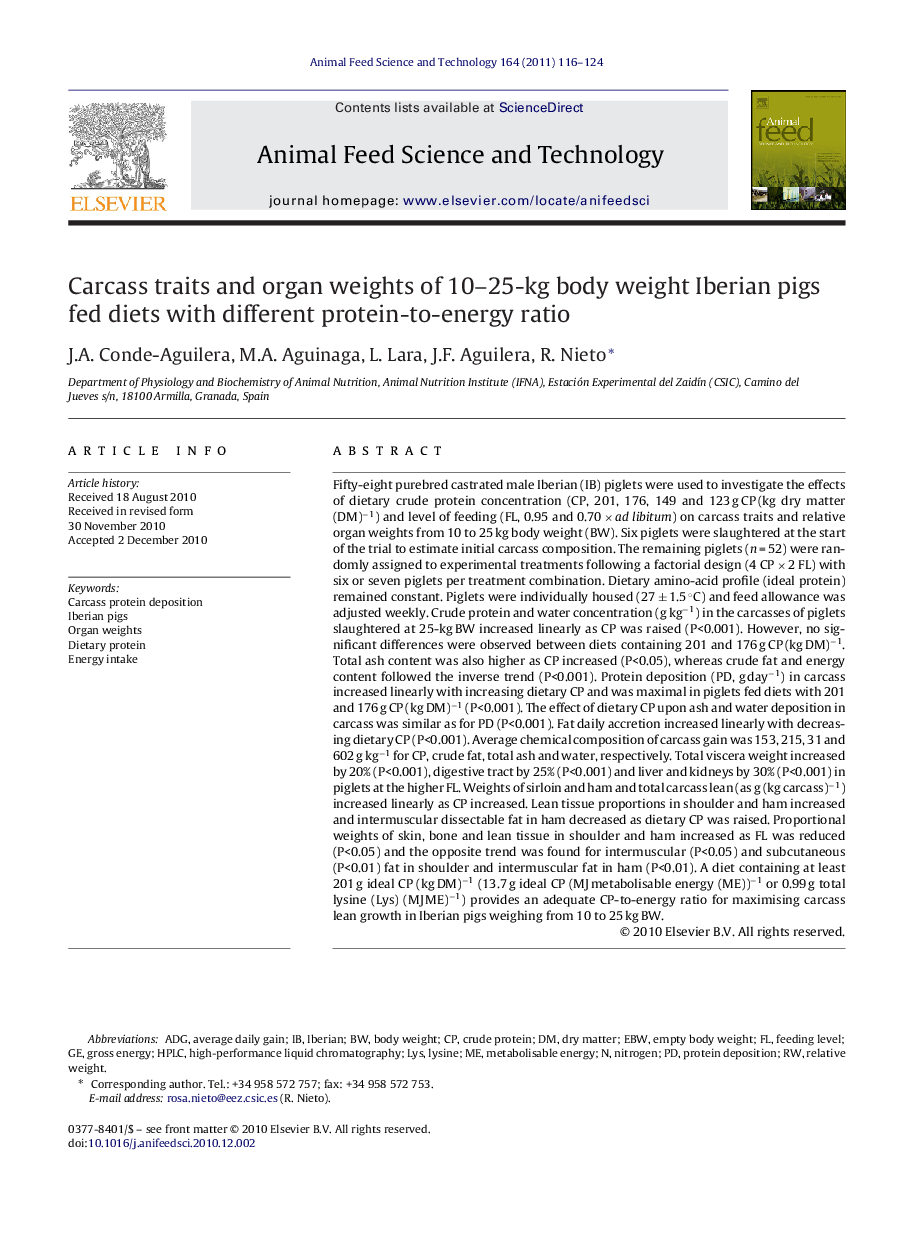 Carcass traits and organ weights of 10–25-kg body weight Iberian pigs fed diets with different protein-to-energy ratio