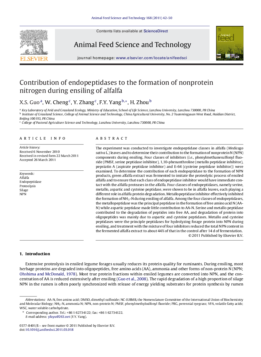 Contribution of endopeptidases to the formation of nonprotein nitrogen during ensiling of alfalfa