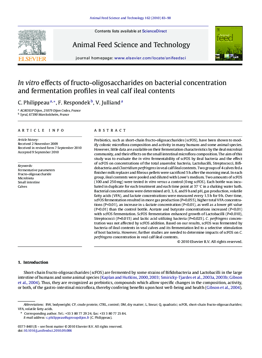 In vitro effects of fructo-oligosaccharides on bacterial concentration and fermentation profiles in veal calf ileal contents