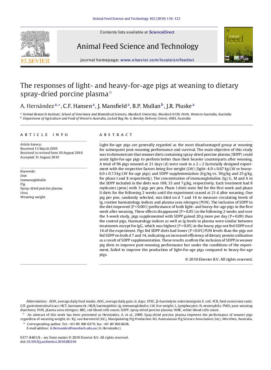 The responses of light- and heavy-for-age pigs at weaning to dietary spray-dried porcine plasma