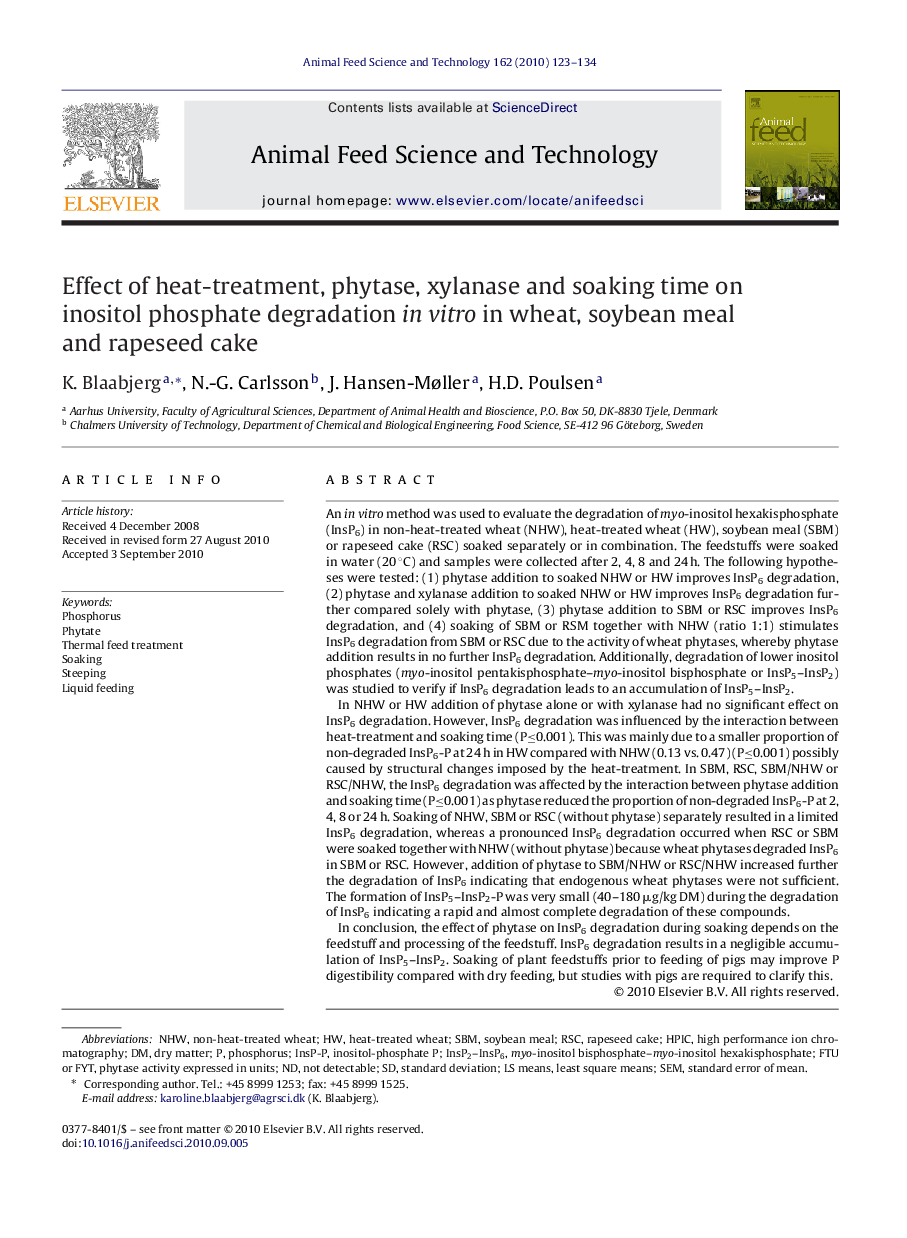 Effect of heat-treatment, phytase, xylanase and soaking time on inositol phosphate degradation in vitro in wheat, soybean meal and rapeseed cake