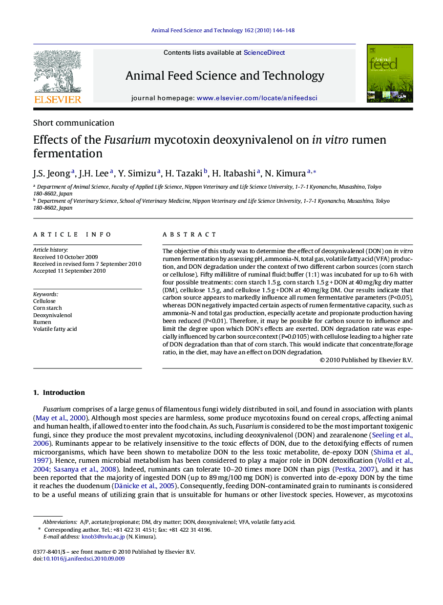 Effects of the Fusarium mycotoxin deoxynivalenol on in vitro rumen fermentation