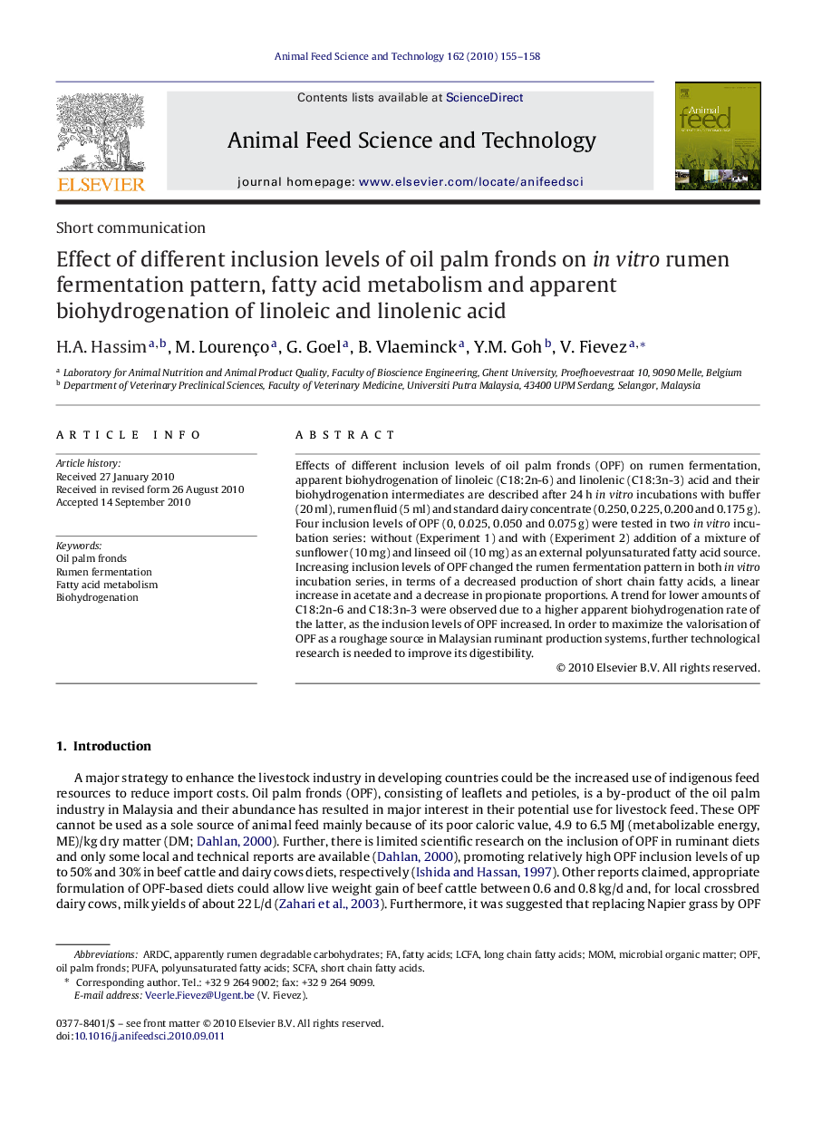 Effect of different inclusion levels of oil palm fronds on in vitro rumen fermentation pattern, fatty acid metabolism and apparent biohydrogenation of linoleic and linolenic acid