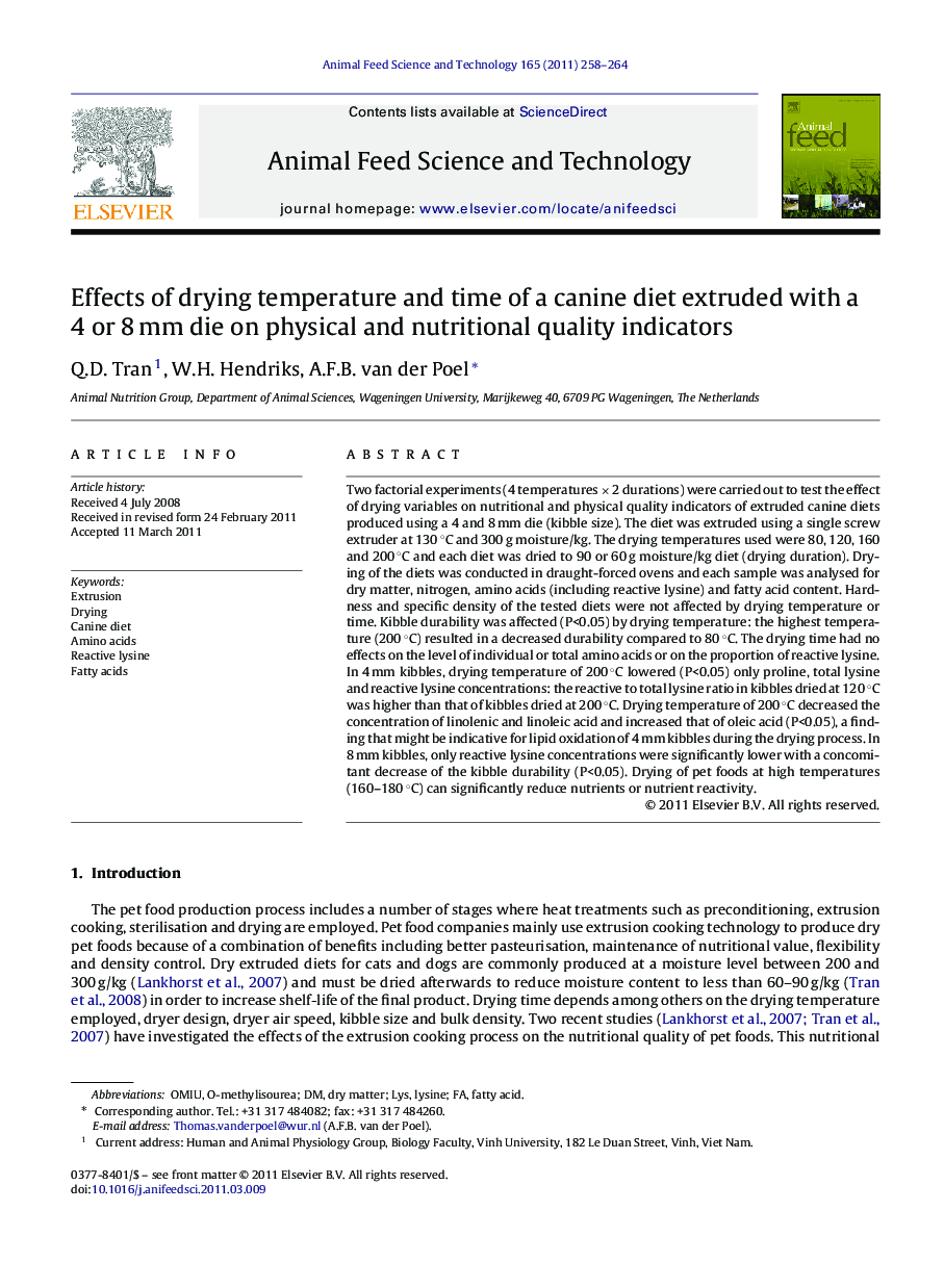 Effects of drying temperature and time of a canine diet extruded with a 4 or 8 mm die on physical and nutritional quality indicators