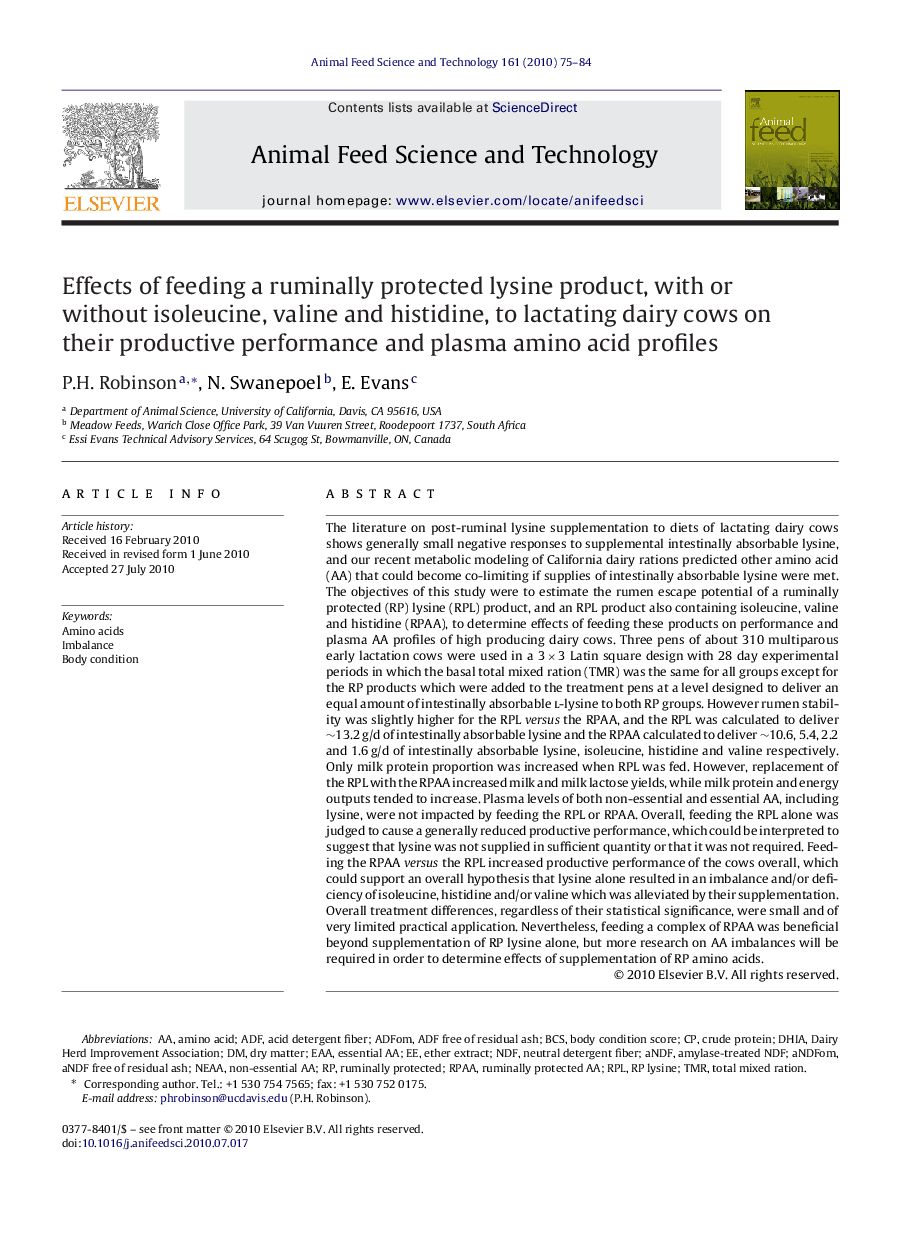 Effects of feeding a ruminally protected lysine product, with or without isoleucine, valine and histidine, to lactating dairy cows on their productive performance and plasma amino acid profiles