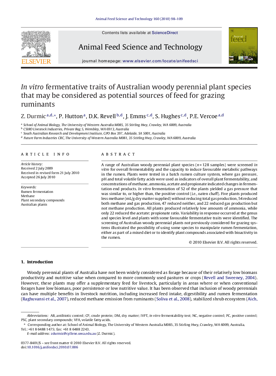 In vitro fermentative traits of Australian woody perennial plant species that may be considered as potential sources of feed for grazing ruminants