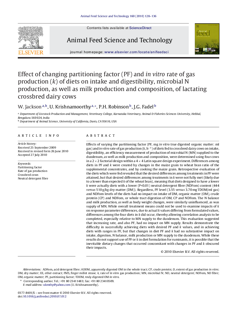 Effect of changing partitioning factor (PF) and in vitro rate of gas production (k) of diets on intake and digestibility, microbial N production, as well as milk production and composition, of lactating crossbred dairy cows