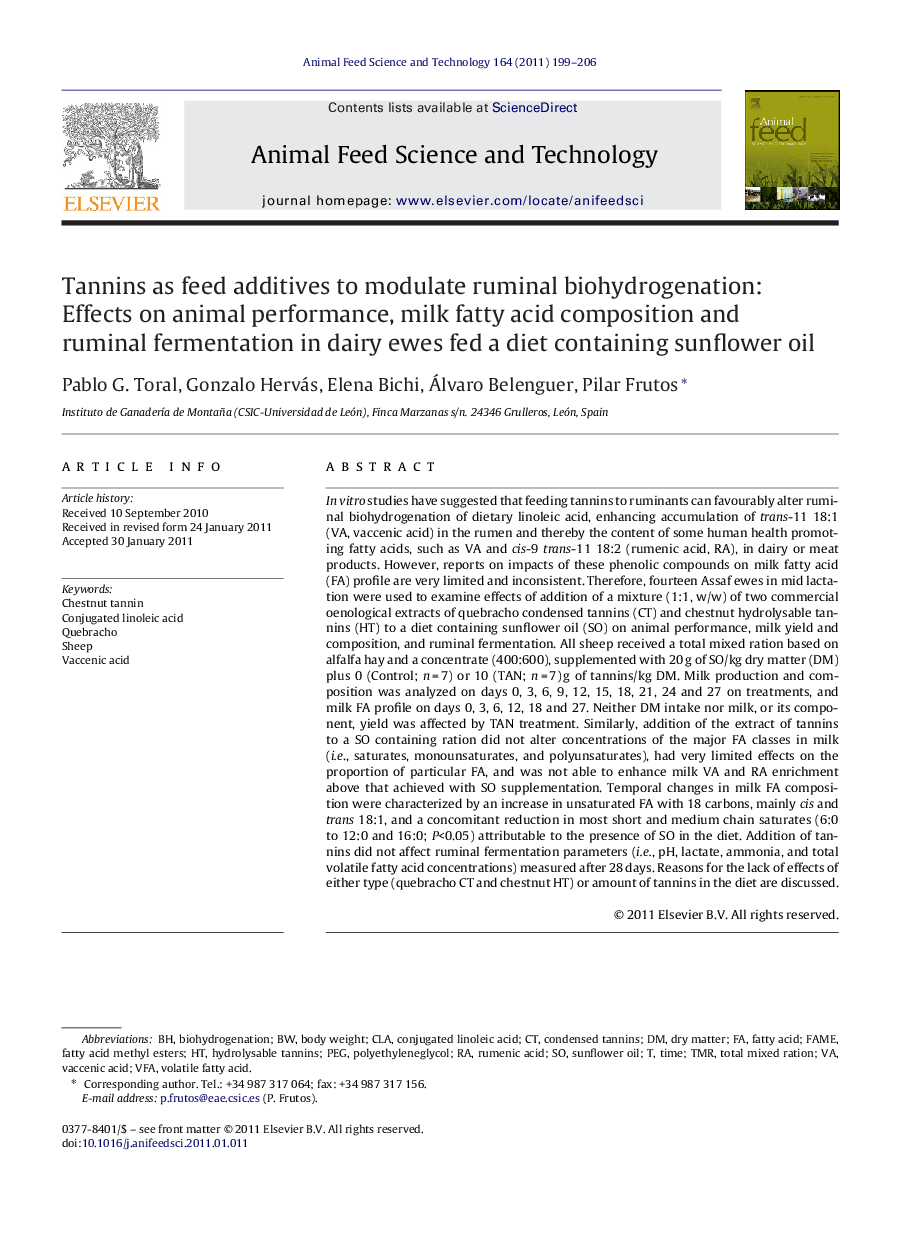 Tannins as feed additives to modulate ruminal biohydrogenation: Effects on animal performance, milk fatty acid composition and ruminal fermentation in dairy ewes fed a diet containing sunflower oil