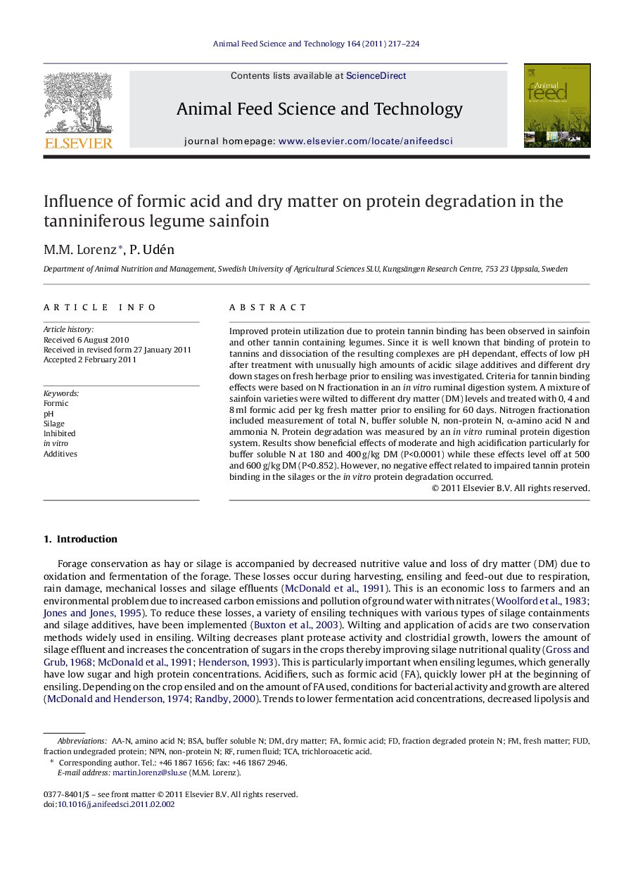 Influence of formic acid and dry matter on protein degradation in the tanniniferous legume sainfoin