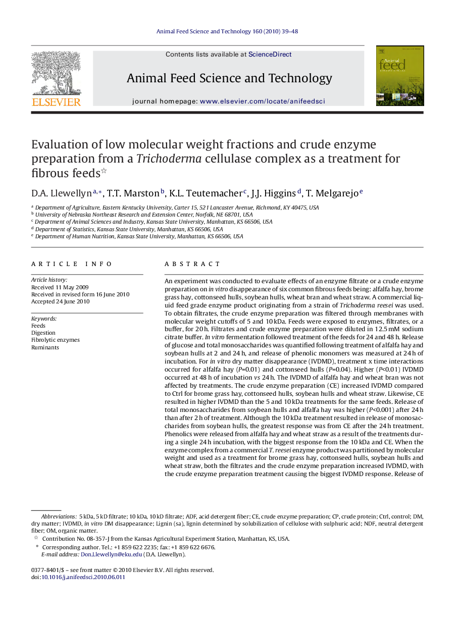 Evaluation of low molecular weight fractions and crude enzyme preparation from a Trichoderma cellulase complex as a treatment for fibrous feeds 