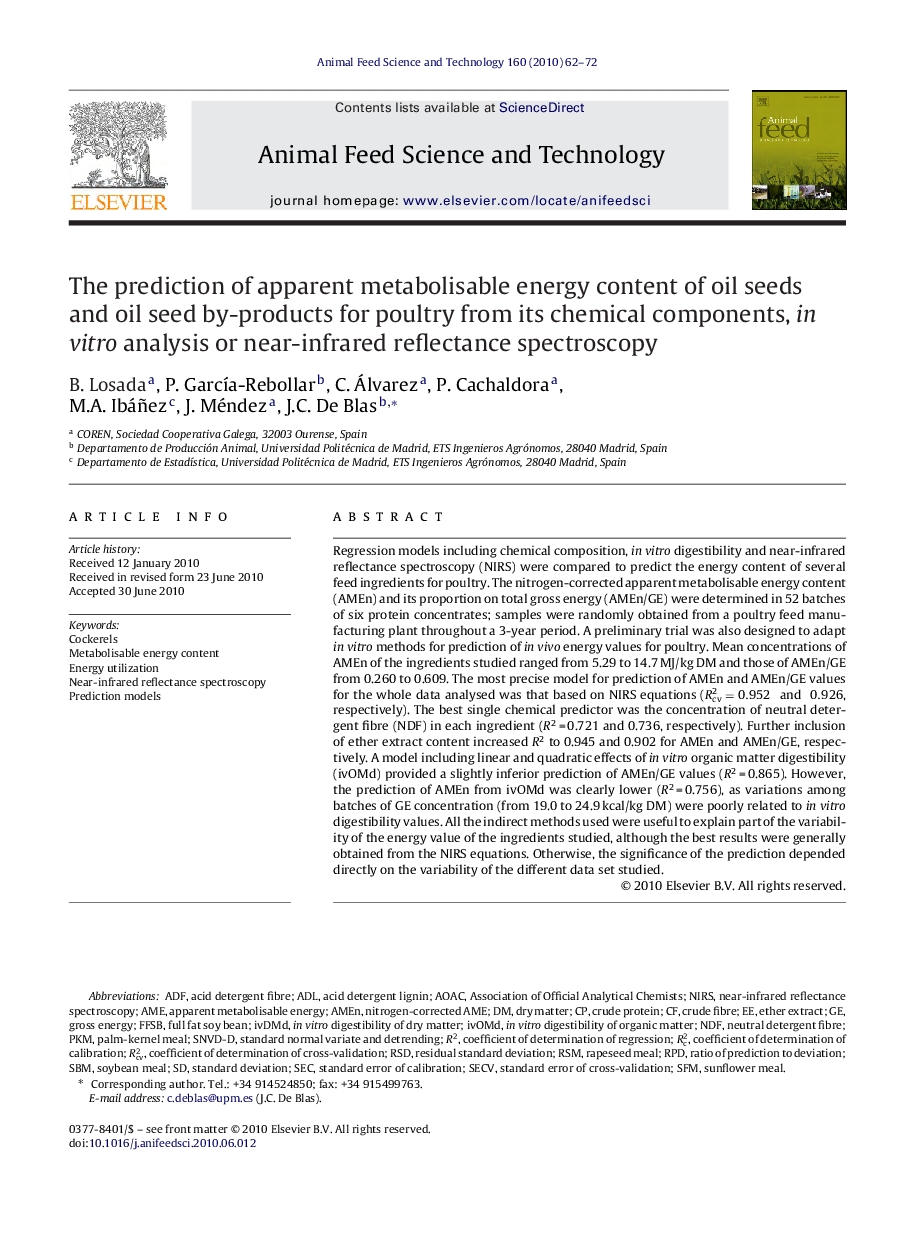 The prediction of apparent metabolisable energy content of oil seeds and oil seed by-products for poultry from its chemical components, in vitro analysis or near-infrared reflectance spectroscopy