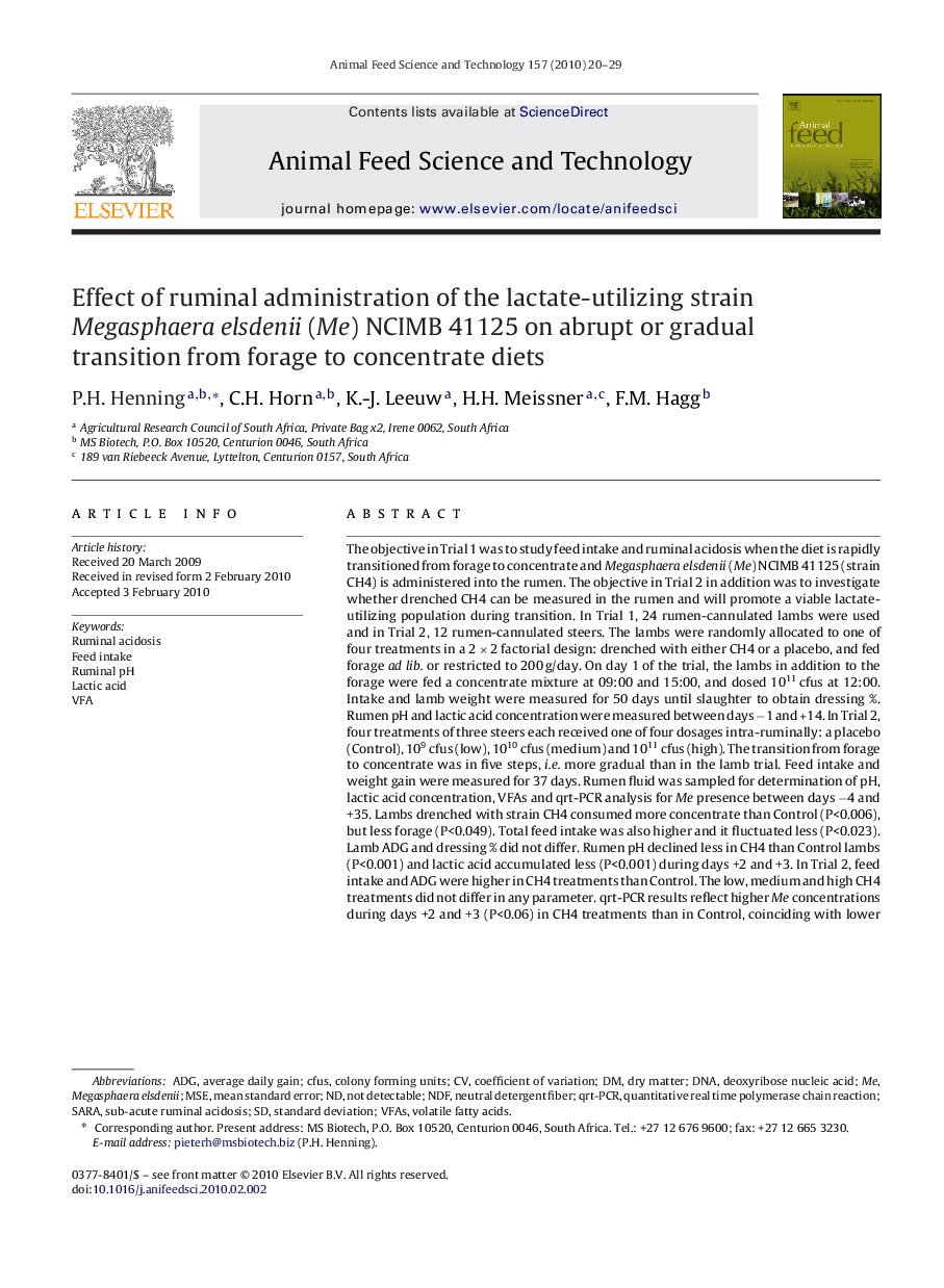 Effect of ruminal administration of the lactate-utilizing strain Megasphaera elsdenii (Me) NCIMB 41125 on abrupt or gradual transition from forage to concentrate diets