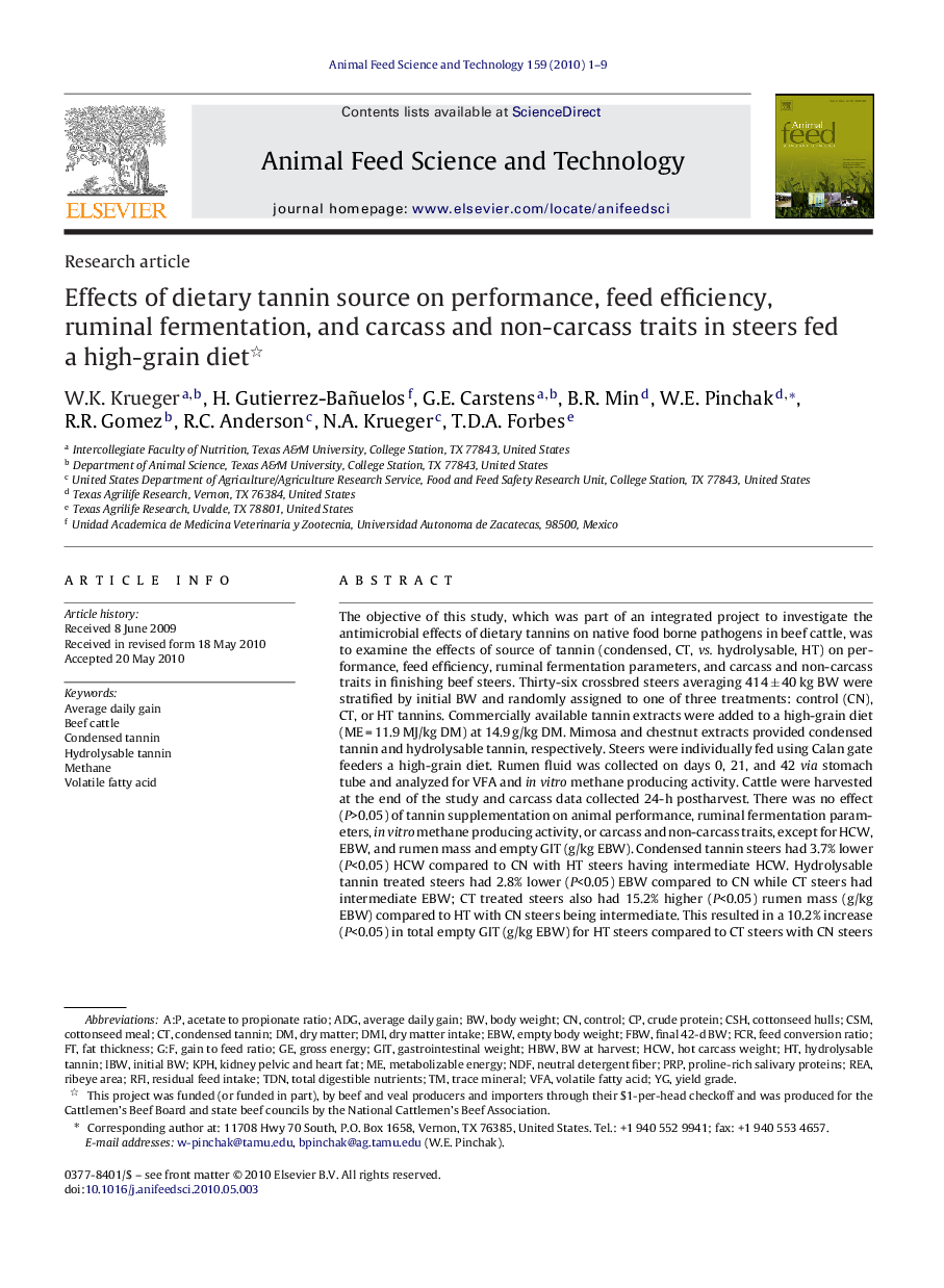 Effects of dietary tannin source on performance, feed efficiency, ruminal fermentation, and carcass and non-carcass traits in steers fed a high-grain diet 