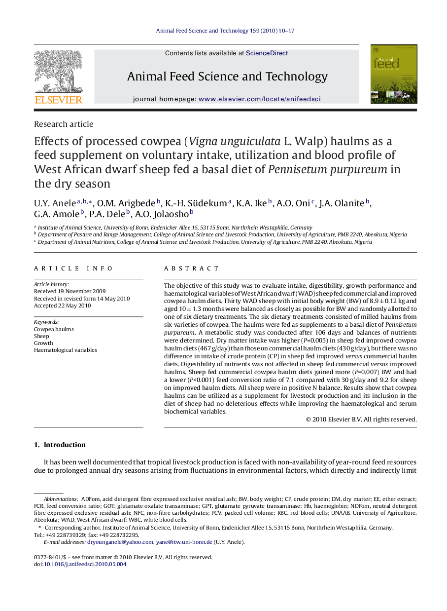 Effects of processed cowpea (Vigna unguiculata L. Walp) haulms as a feed supplement on voluntary intake, utilization and blood profile of West African dwarf sheep fed a basal diet of Pennisetum purpureum in the dry season