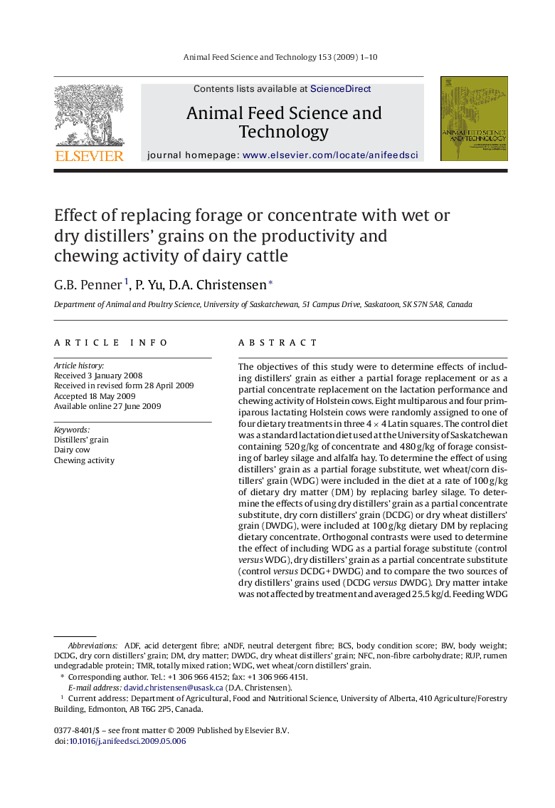 Effect of replacing forage or concentrate with wet or dry distillers’ grains on the productivity and chewing activity of dairy cattle