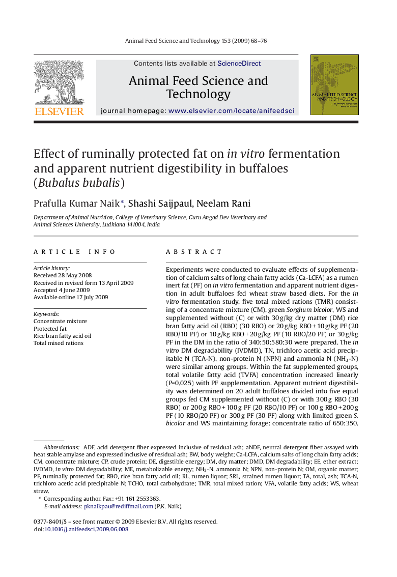 Effect of ruminally protected fat on in vitro fermentation and apparent nutrient digestibility in buffaloes (Bubalus bubalis)