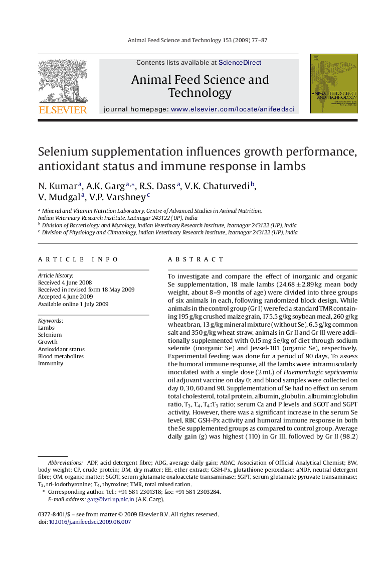 Selenium supplementation influences growth performance, antioxidant status and immune response in lambs