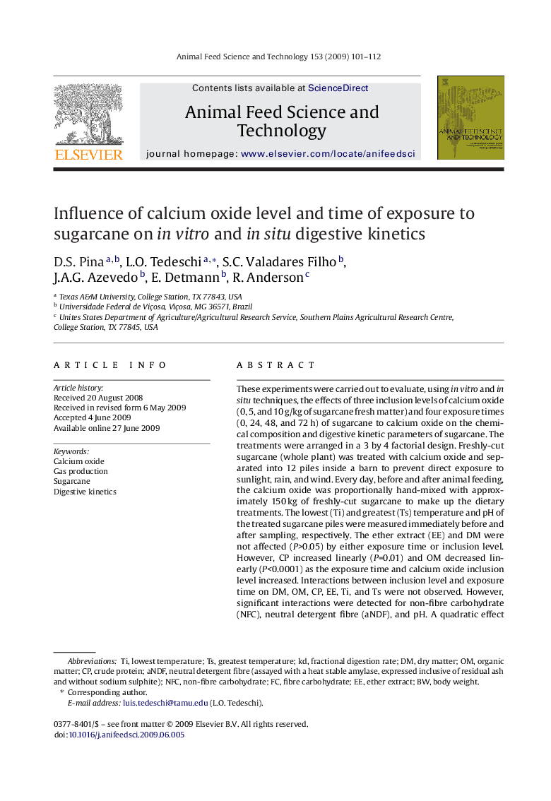 Influence of calcium oxide level and time of exposure to sugarcane on in vitro and in situ digestive kinetics