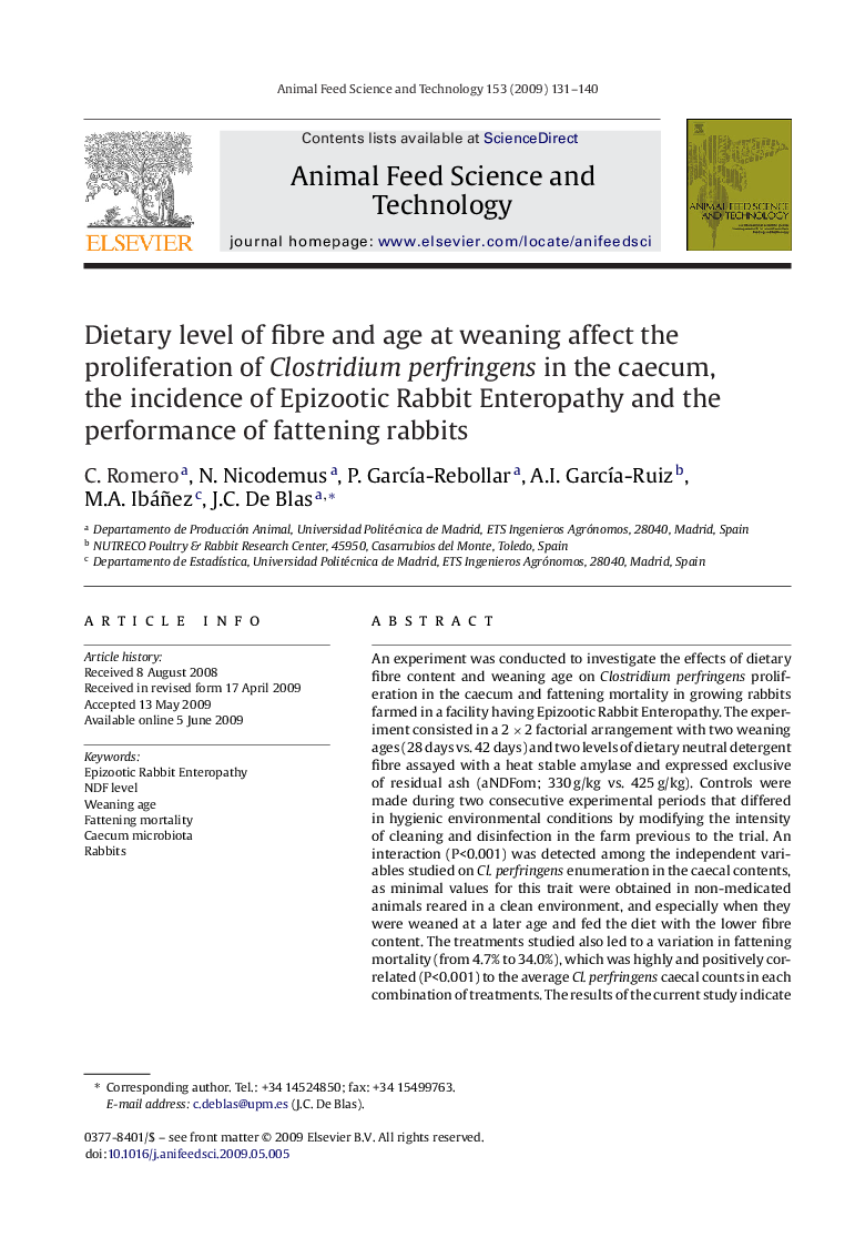 Dietary level of fibre and age at weaning affect the proliferation of Clostridium perfringens in the caecum, the incidence of Epizootic Rabbit Enteropathy and the performance of fattening rabbits