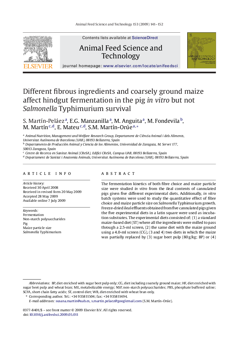 Different fibrous ingredients and coarsely ground maize affect hindgut fermentation in the pig in vitro but not Salmonella Typhimurium survival