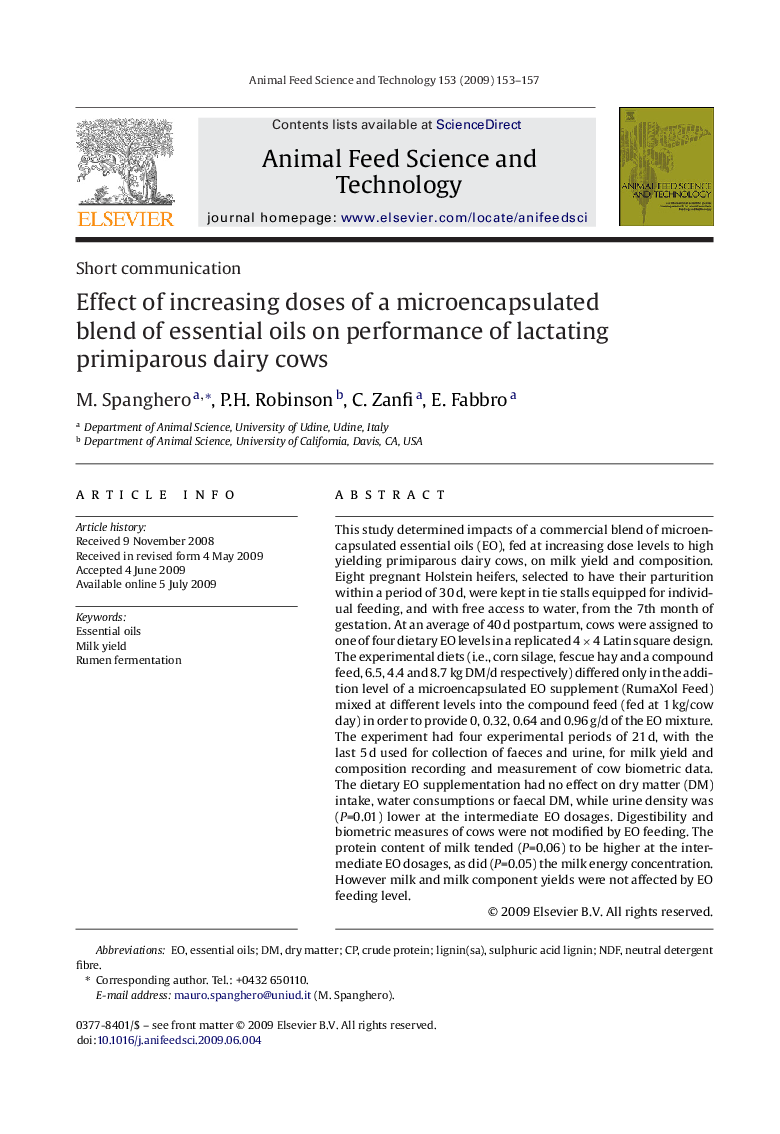 Effect of increasing doses of a microencapsulated blend of essential oils on performance of lactating primiparous dairy cows