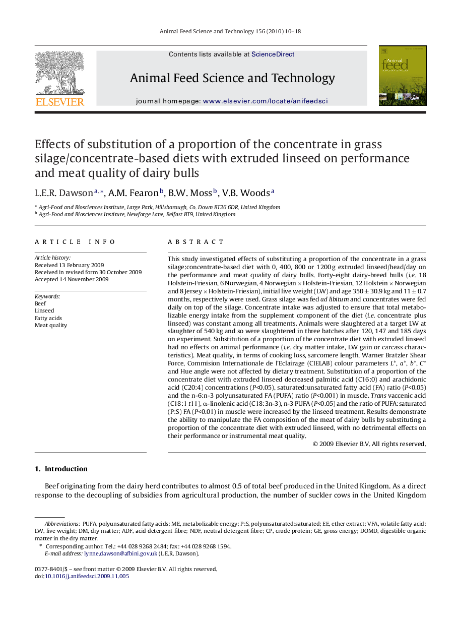 Effects of substitution of a proportion of the concentrate in grass silage/concentrate-based diets with extruded linseed on performance and meat quality of dairy bulls