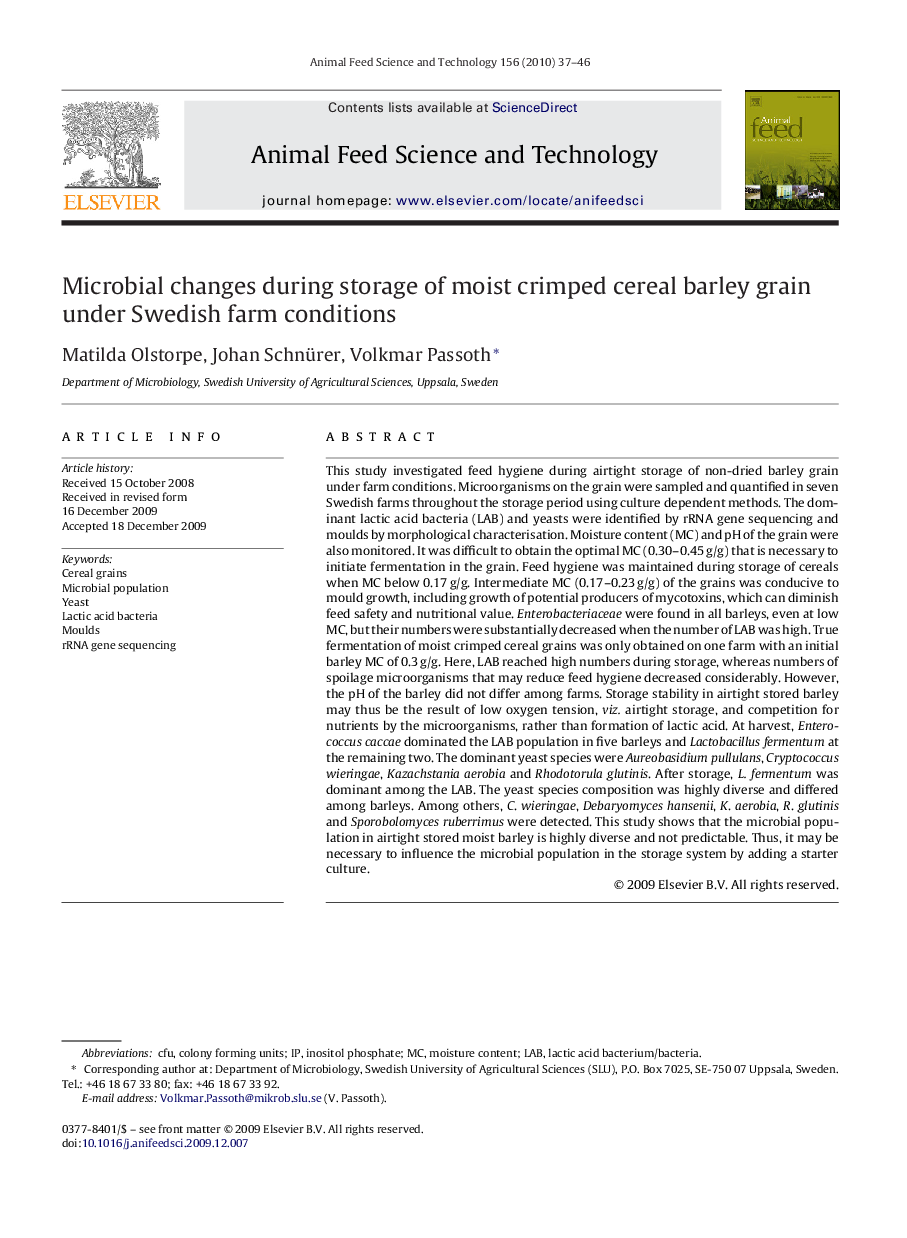 Microbial changes during storage of moist crimped cereal barley grain under Swedish farm conditions