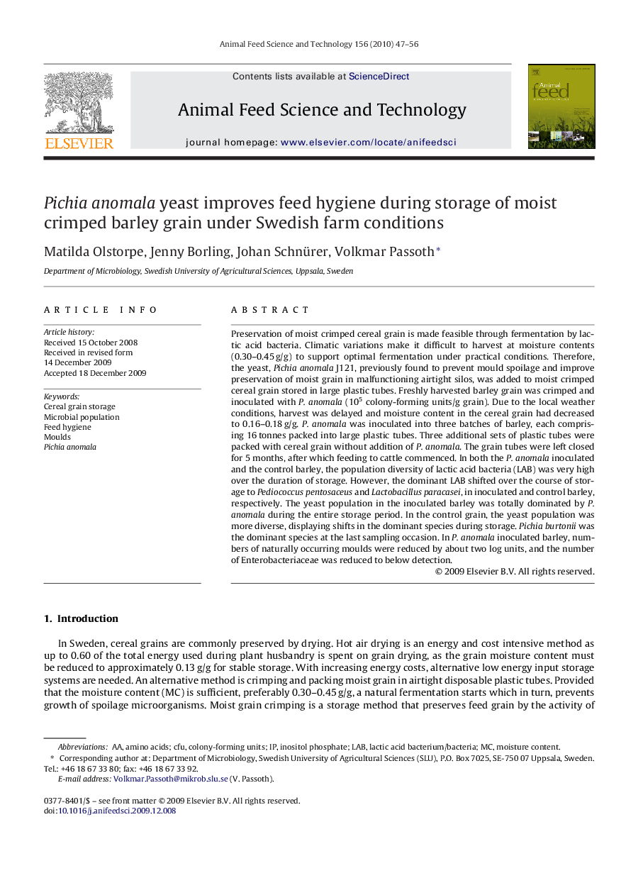 Pichia anomala yeast improves feed hygiene during storage of moist crimped barley grain under Swedish farm conditions