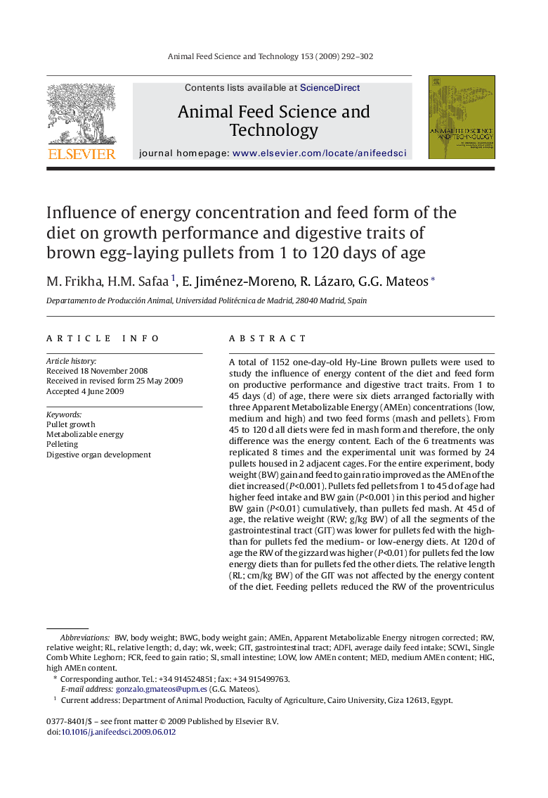 Influence of energy concentration and feed form of the diet on growth performance and digestive traits of brown egg-laying pullets from 1 to 120 days of age