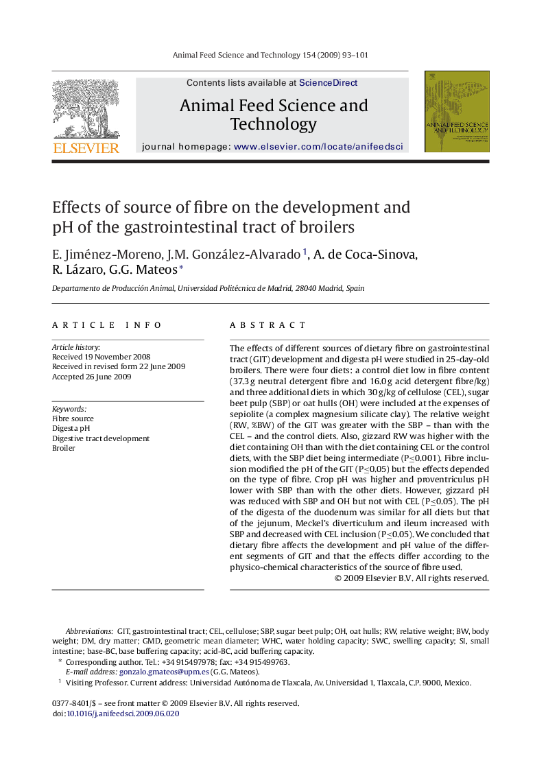 Effects of source of fibre on the development and pH of the gastrointestinal tract of broilers